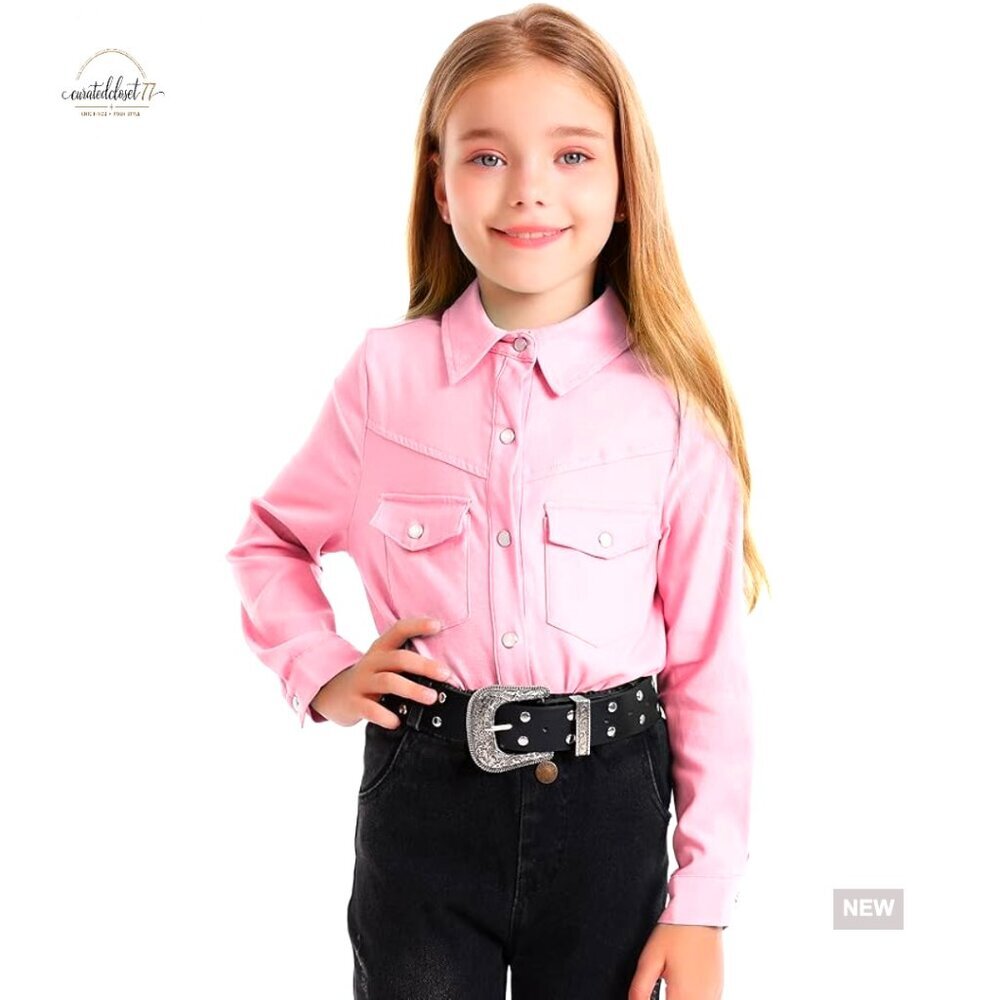 Girls Western Shirt Long Sleeve Collared Button Down Snap Top 5-16 Years